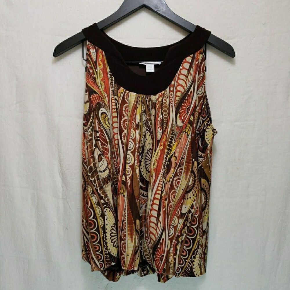 Dressbarn Women's L Sleeveless Blouse Brown Orange Paisley Floral Pleated Neck